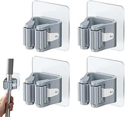 4Pcs Self Adhesive Mop Holder Broom Holder Wall Mounted White Mop And Broom Holder No Drill Wall Mounted Organizer Clip Wall Mou