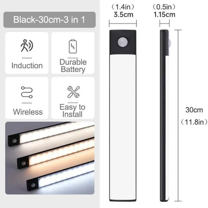 10-60cm Ultra-Thin Motion Sensor Light Magnetic Mount USB Rechargeable 3-Color Adjustment Under Cabinet Light for Home Office