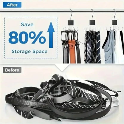 Premium Natural Wood Accessory Rack: Rotating Closet Hanger with Stainless Steel Hooks for Belts, Scarves & Jewelry. Tangle-Free