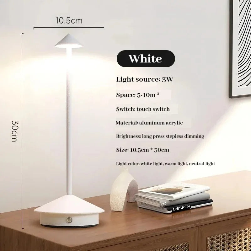 Rechargeable Cone Head Touch Sensor LED Table Lamp - 3 CCT Stepless Dimming for Restaurant Hotel Bedroom Bar Home Decor