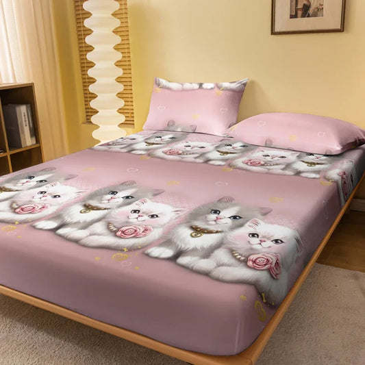 1 Cartoon Cute animal Cat printed matte Fitted Sheet, bedroom printed bed cover, bedding (excluding pillowcases)