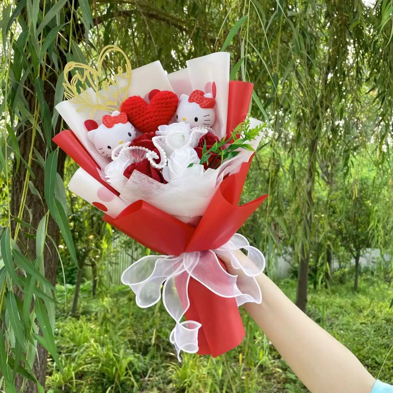 Kawaii Hello Kitty Cat Dolls With Artificial Flowers Creative Bouquet Christmas Valentine Birthday Graduation Gifts