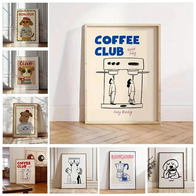 Retro Bonjour Dog Coffee Canvas Print Funny Dog Coffee Club Kitchen Wall Art Poster for Modern Living Room Bedroom Home Decor