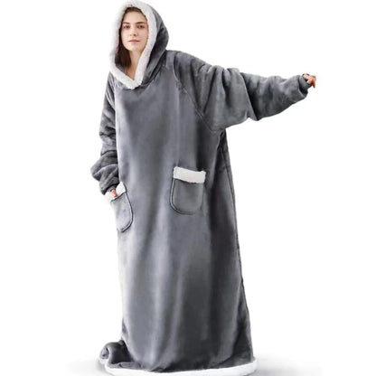 150/180cm Winter Thick Blanket Extra Plush Hoodie Lengthened Large Pocket Imitation Cashmere Home Coat Fleece TV Blanket 1pc