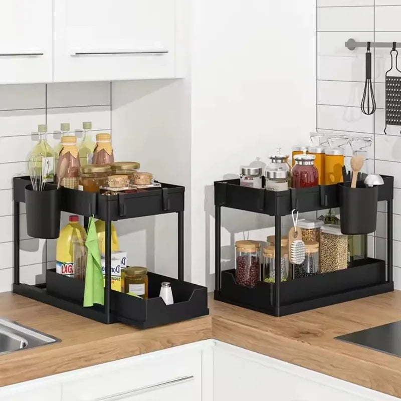 2-Tier Sliding Under Sink Organizer - Cabinet Basket Storage Rack with Hooks and Hanging Cup for Kitchen and Bathroom