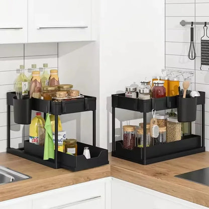2-Tier Sliding Under Sink Organizer - Cabinet Basket Storage Rack with Hooks and Hanging Cup for Kitchen and Bathroom
