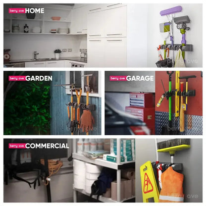 Wall Mounted Mop Holder Broom Hanger 3/4/5 Position Multi-Functional Black Magic Plastic Storage Rack for Home Kitchen Bathroom