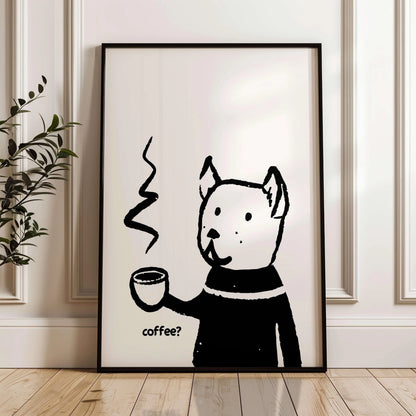 Retro Bonjour Dog Coffee Canvas Print Funny Dog Coffee Club Kitchen Wall Art Poster for Modern Living Room Bedroom Home Decor