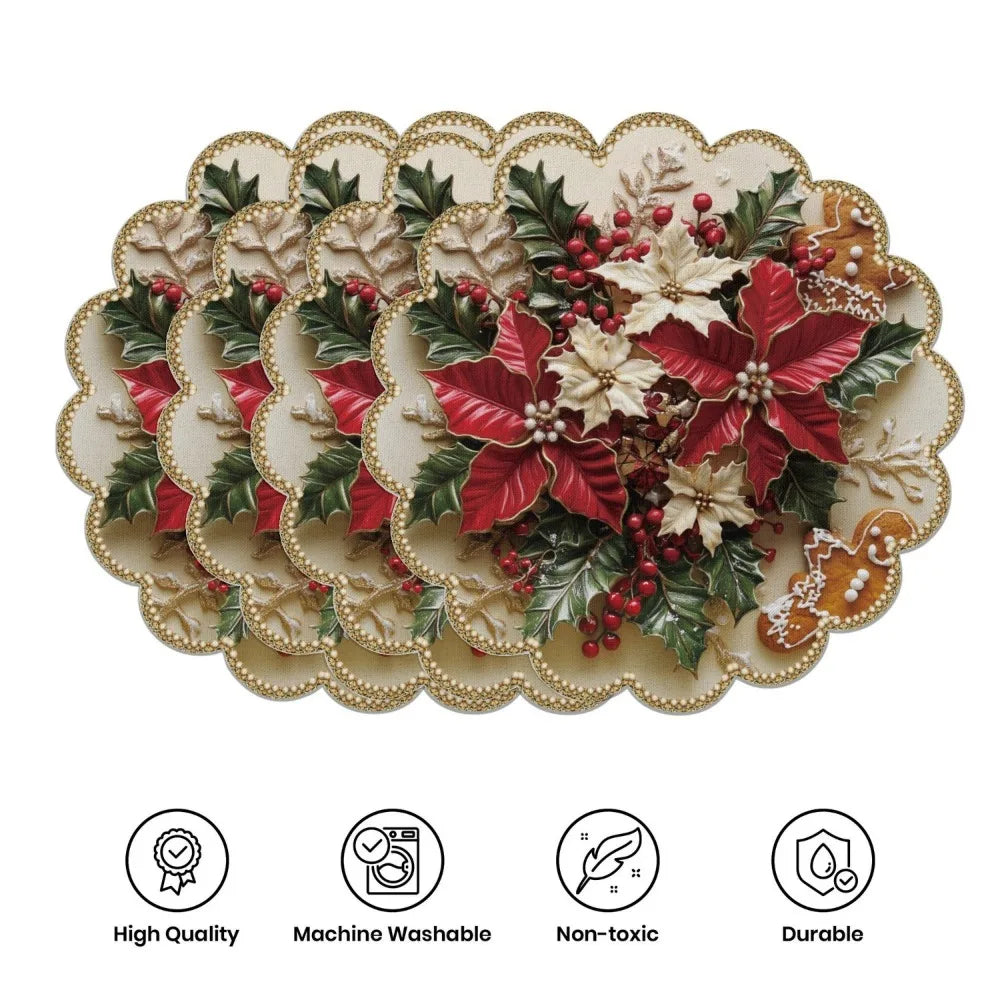 4PCS Christmas Circular Waves Placemats Non Slip Heat Resistant Table Mats Winter Dining Party Christmas Decor Round Tablecloth