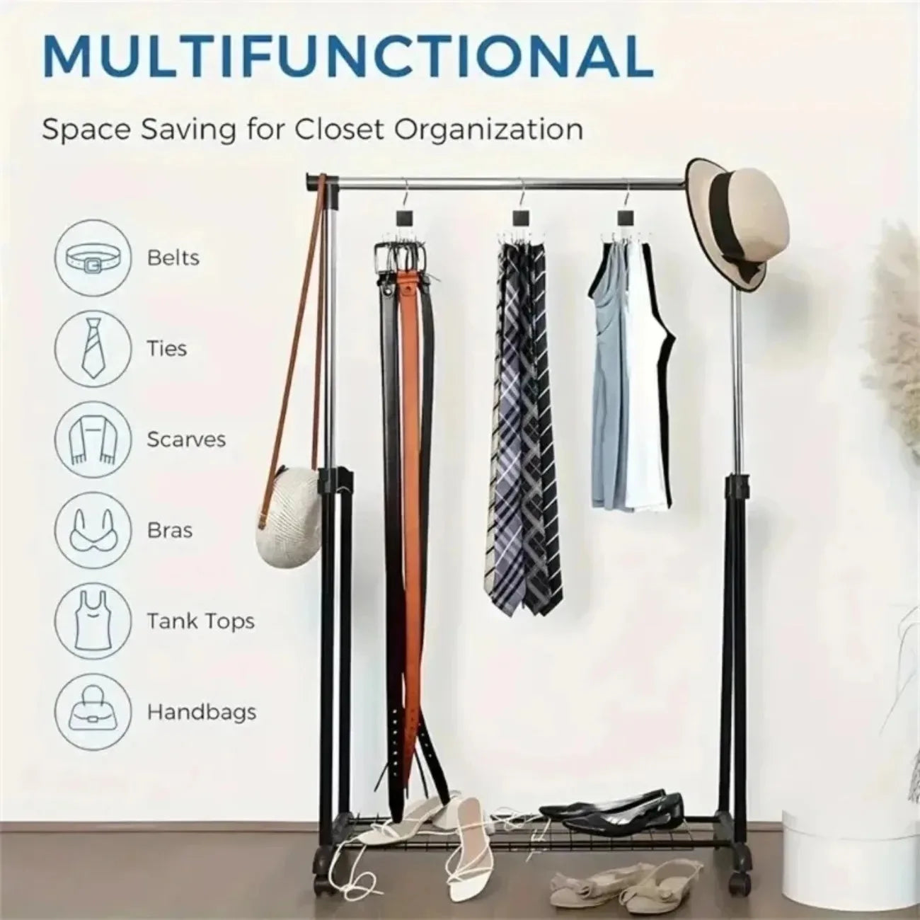 Premium Natural Wood Accessory Rack: Rotating Closet Hanger with Stainless Steel Hooks for Belts, Scarves & Jewelry. Tangle-Free