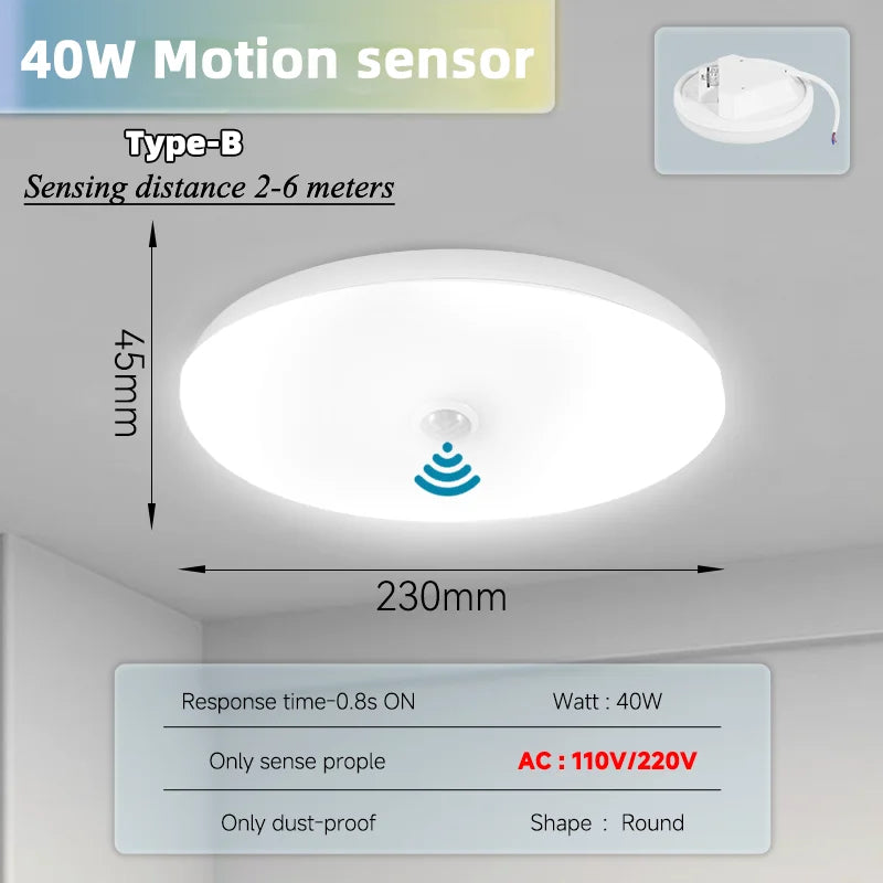 PIR Motion Sensor Ceiling Lamp 15w 20w 30w 40w Motion Detector Modern Ceiling Lighting For Corridor Garage Stair Balcony 220V