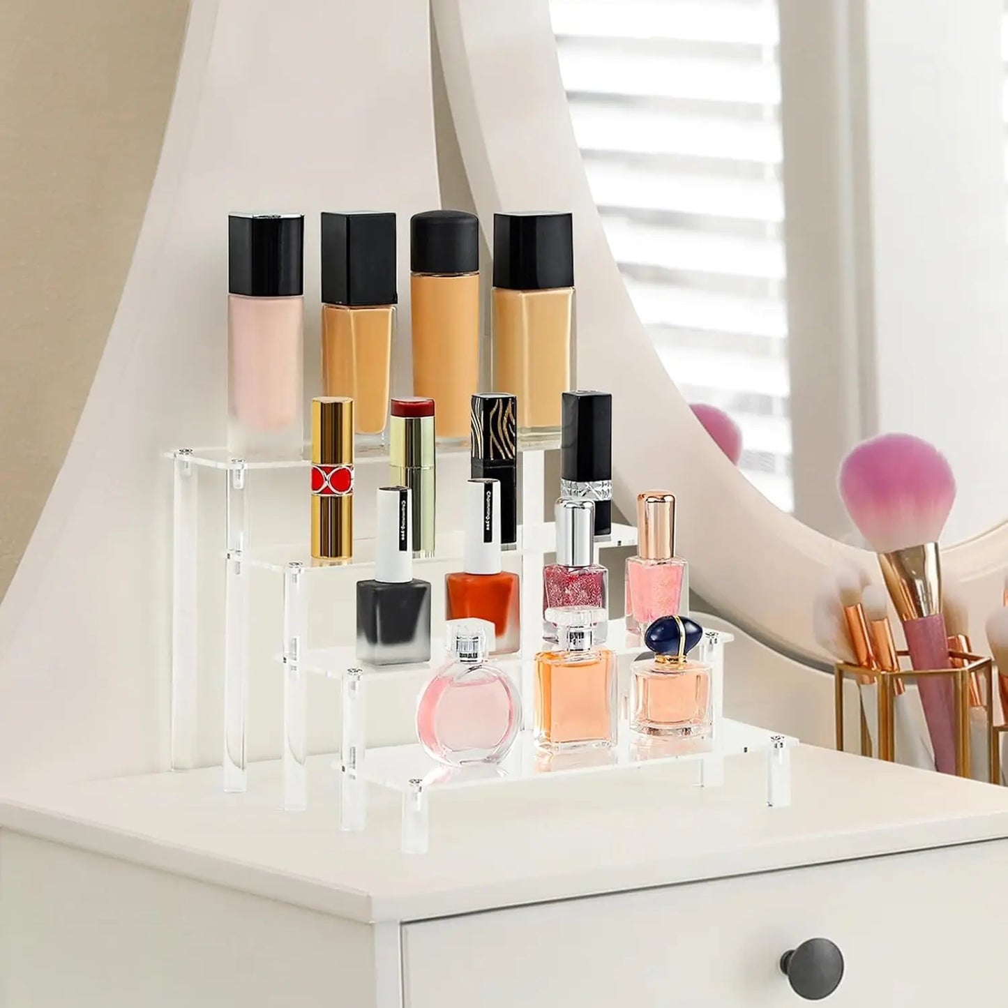 Transparent Acrylic Display Stand Pottery Storage Rack - Doll Clay Figurine Ladder Shelf for Makeup Organization Home Store