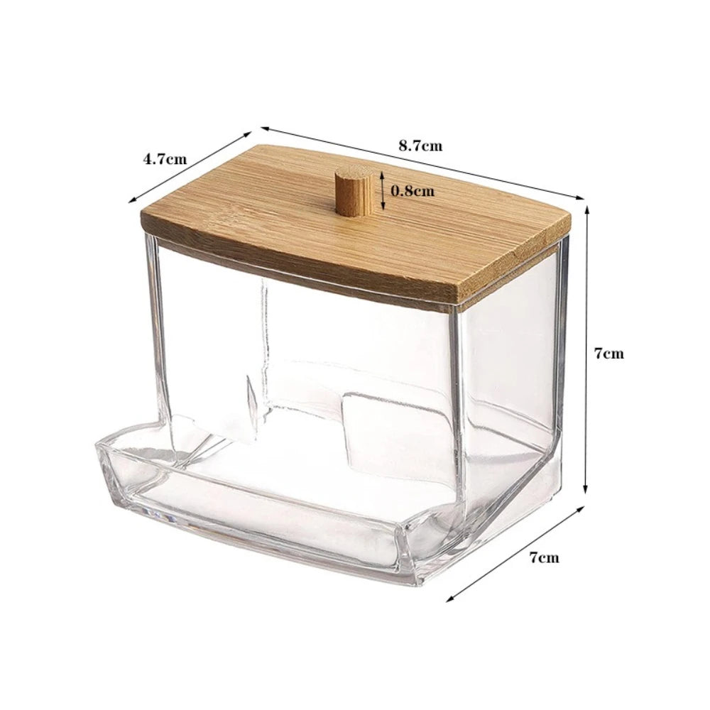 1Pcs Cotton Swab Holder, Cotton Swab Dispenser with Bamboo Lids,Bamboo Bathroom Storage Jars Storage Containers Clear Plastic