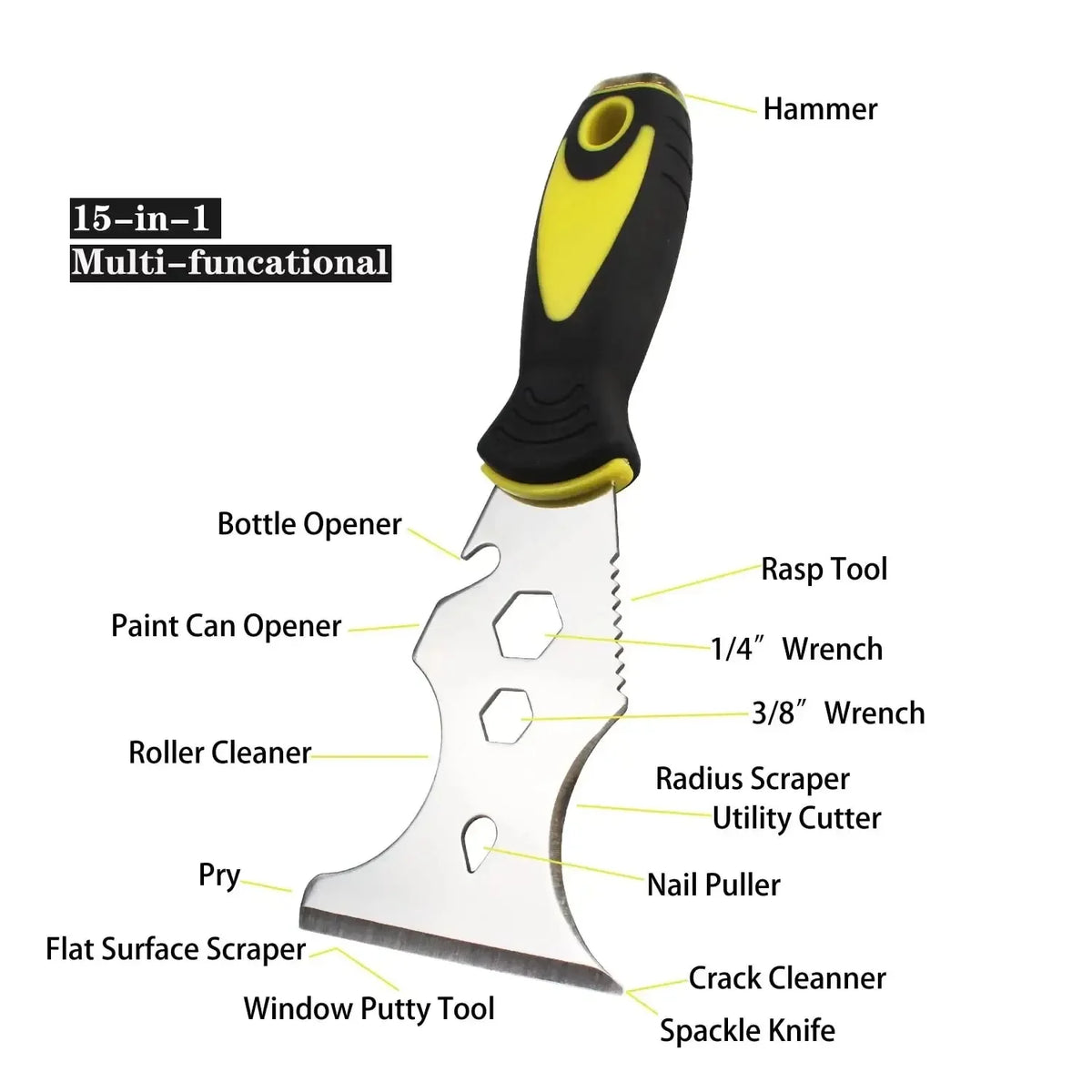 15 in 1 Multi Use Putty Knife Stainless Steel Paint Scraper Removal Construction Tool for Wallpaper Can Opener Home DIY