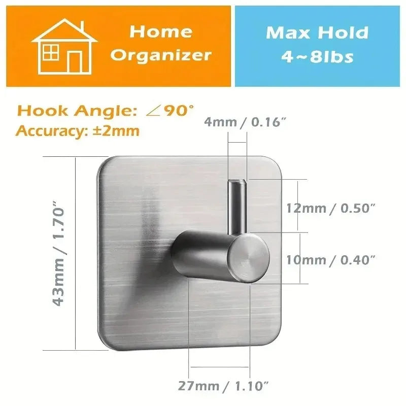 Adhesive Heavy Duty Wall Hook Waterproof Stainless Steel, Mounting - Bathroom and Bedroom