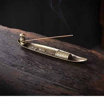Japanese Style 21cm Zen Fishing Man Incense Burner Metal One Leaf Sandalwood Incense Sticks Holder Alloy Home Decor Ornaments
