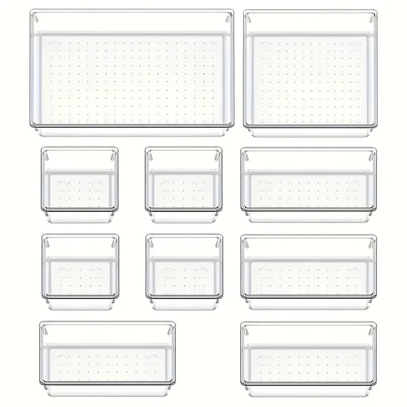 10-Piece Versatile Drawer Organizer Set - Clear Plastic Trays and Dividers in 4 Sizes for Perfect Makeup and Kitchen Storage