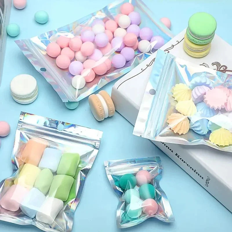 100pcs Holographic PP Poly Bags with Self-Sealing Strip, Reusable Jewelry and Phone Case Packaging Pouches