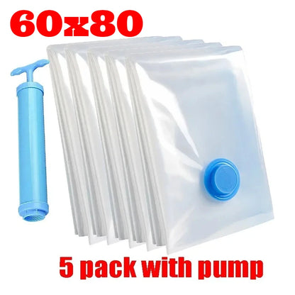 5Pcs Vacuum Storage Bags or 1Pcs Pump, Vacuum Seal Bag Space Saving Bags for Comforters Clothes Pillow Bedding Blanket Storage