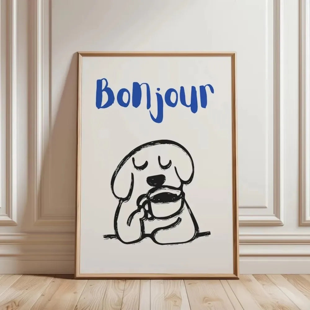 Retro Bonjour Dog Coffee Canvas Print Funny Dog Coffee Club Kitchen Wall Art Poster for Modern Living Room Bedroom Home Decor