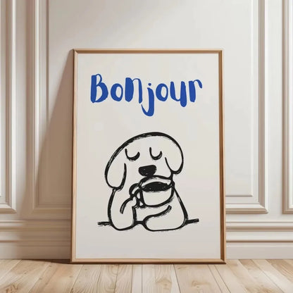 Retro Bonjour Dog Coffee Canvas Print Funny Dog Coffee Club Kitchen Wall Art Poster for Modern Living Room Bedroom Home Decor