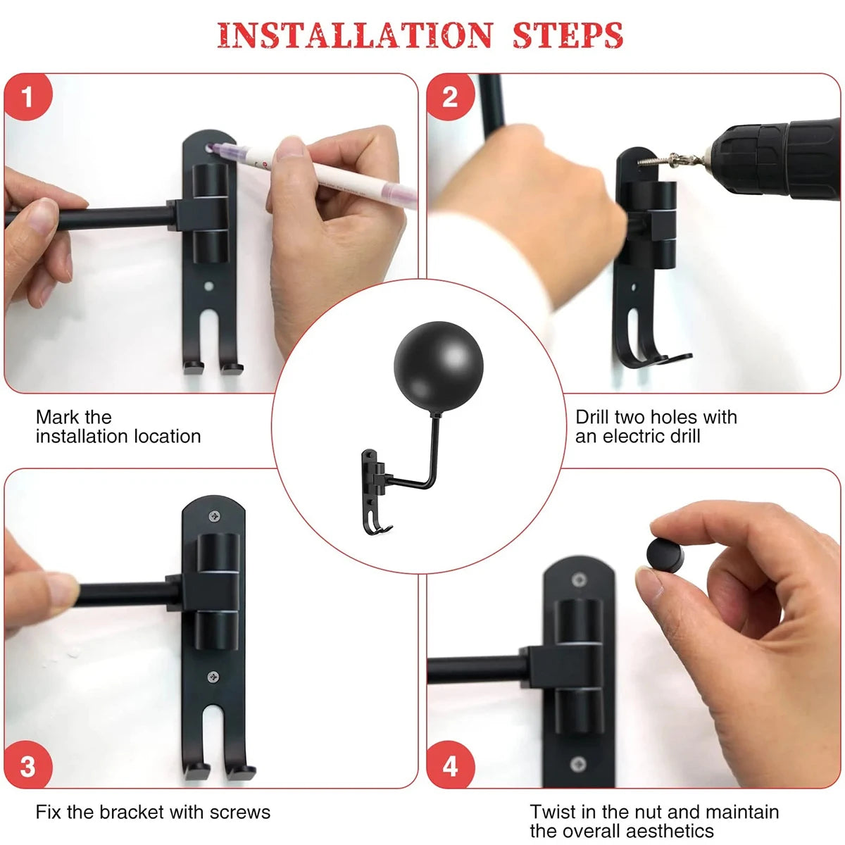 Wall Mount Motorcycle Helmet Holder 180°Rotation Football Bicycle Helmet Rack Helmet Display Hanger Stand for Caps With 2 Hooks