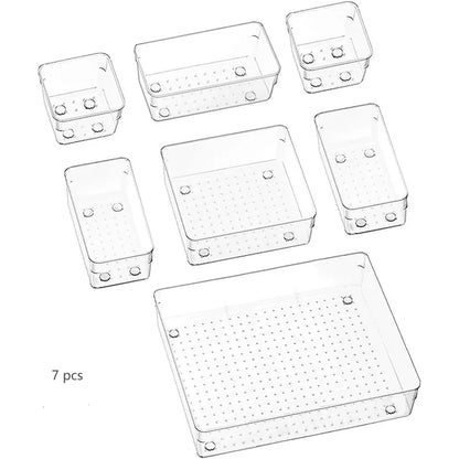 10-Piece Versatile Drawer Organizer Set - Clear Plastic Trays and Dividers in 4 Sizes for Perfect Makeup and Kitchen Storage
