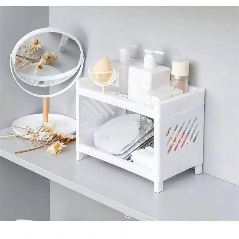 1PC PP Desktop Double Layer Storage Rack Rectangular White Organizing Student Desk Office Cosmetics Stationery