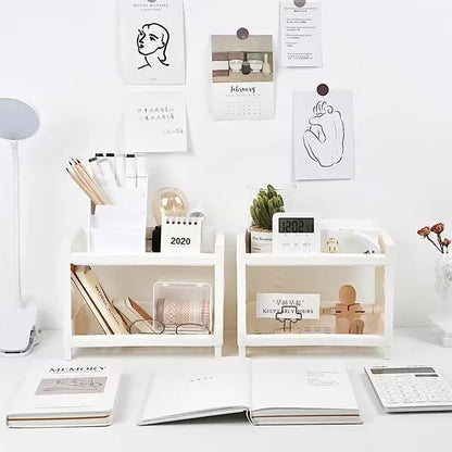 1PC PP Desktop Double Layer Storage Rack Rectangular White Organizing Student Desk Office Cosmetics Stationery