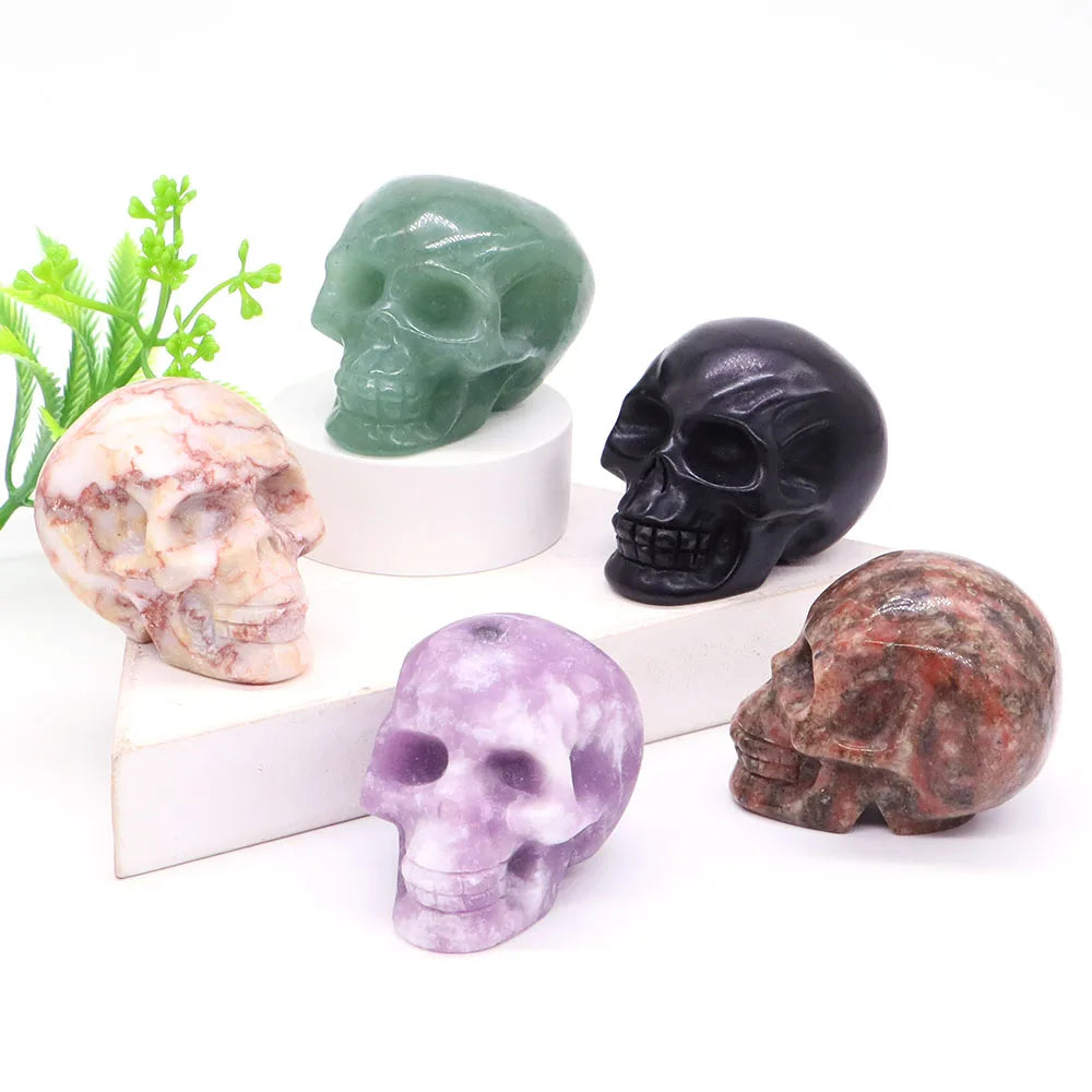 2" Skull Head Statue Natural Gemstone Healing Crystal Stone Carving Reiki Witchcraft Figurine Crafts Home Decor Halloween Gifts