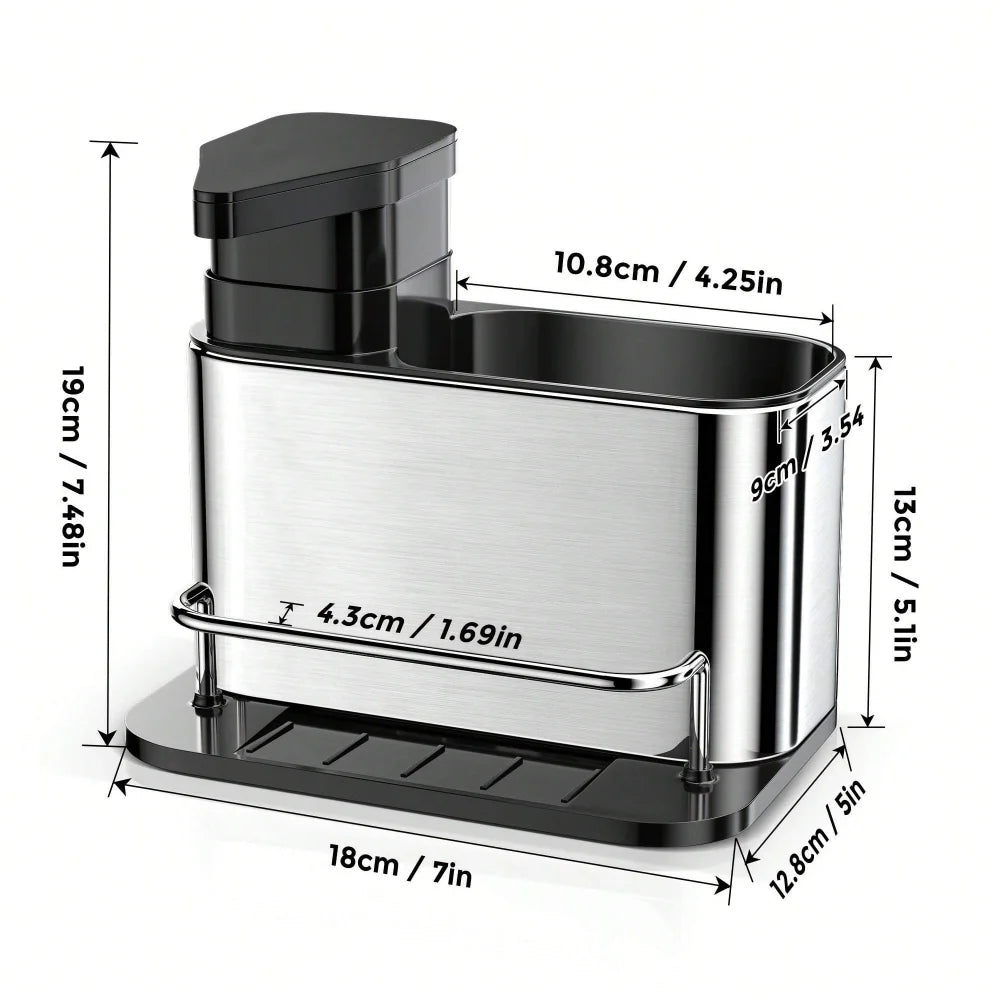 3-in-1 Kitchen Stainless Steel Tableware Soap Dispenser, Sponge Holder, Sink Organizer Drain Rack, Suitable for Kitchen Sinks