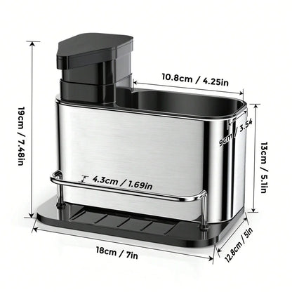 3-in-1 Kitchen Stainless Steel Tableware Soap Dispenser, Sponge Holder, Sink Organizer Drain Rack, Suitable for Kitchen Sinks