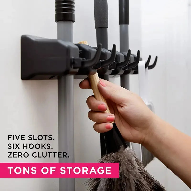 Wall Mounted Mop Holder Broom Hanger 3/4/5 Position Multi-Functional Black Magic Plastic Storage Rack for Home Kitchen Bathroom