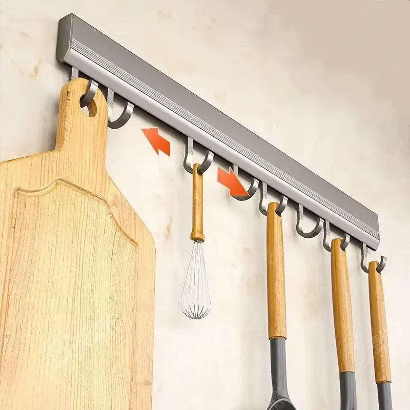 Kitchen HookRack - Wall-Mounted Without Drilling - Space Aluminum Multi-Functional Storage Hooks
