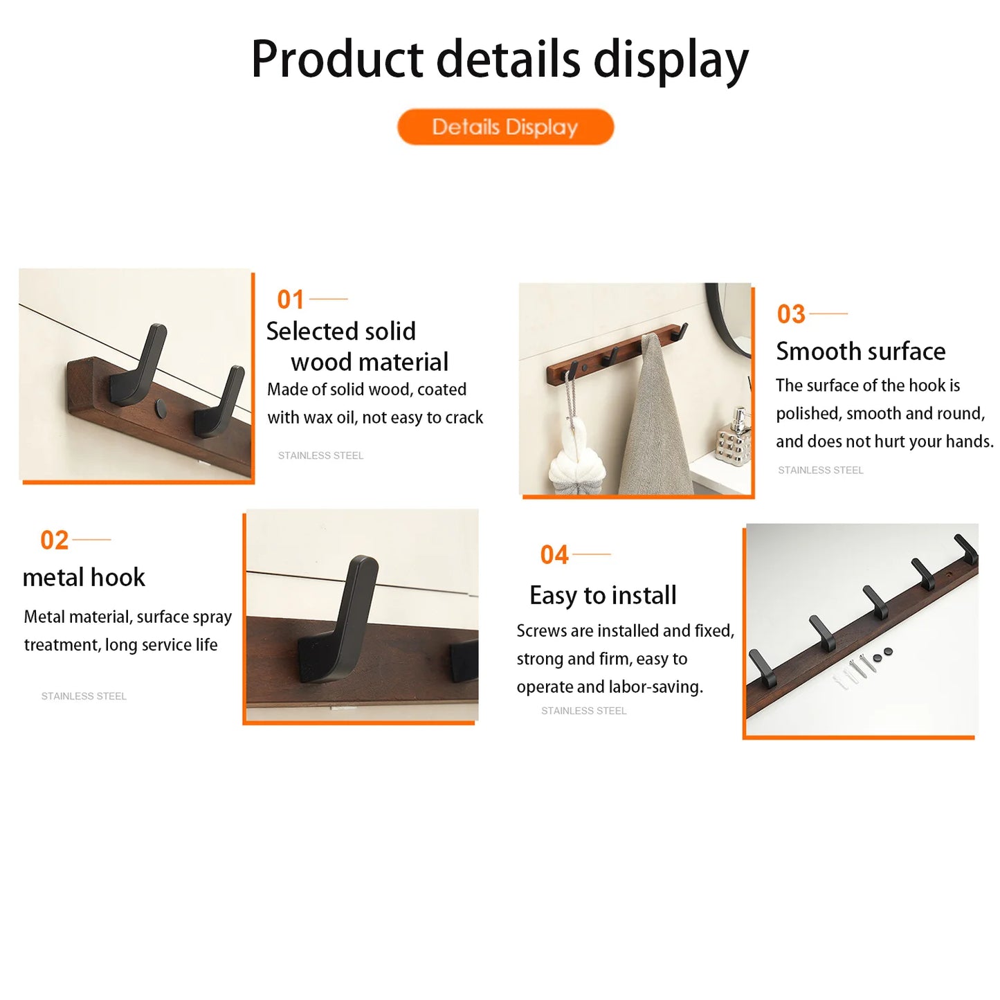 Coat Rack Wall Mount shelf Entryway Wall Hanger for Towels Wooden Coat Hooks Hook Storage Rack  for Bedroom Bathroom Kitchen