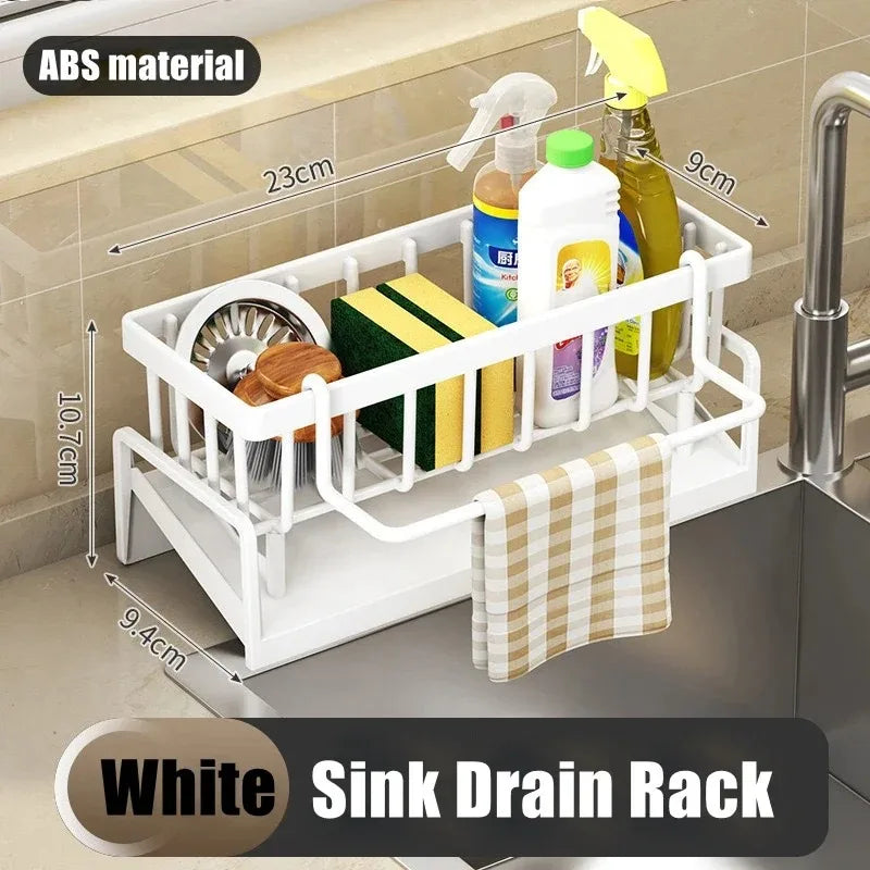 1Pc Multifunctional Plastic Kitchen Shelf Rag Storage Drainage Shelf,No-Punch Adhesive Spice Rack,Sink Tap Drain Rack with Hooks