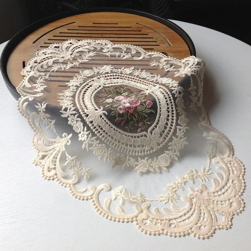 European Oval Lace Embroidery Coaster Bedroom Study Kitchen Cup Table Mat Food Fruit Plate Cover Decoration
