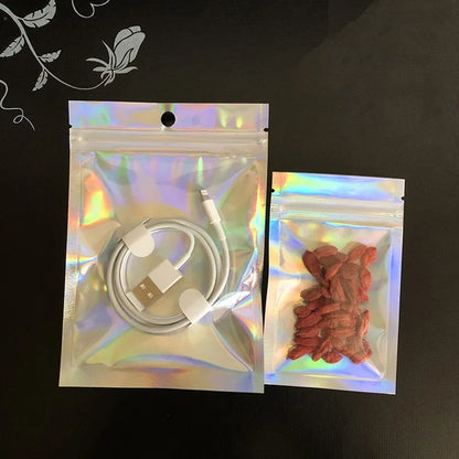 100pcs Holographic Resealable Mylar Bags Ziplock Candy Suger Tee Jewelry Beauty Storage Bag