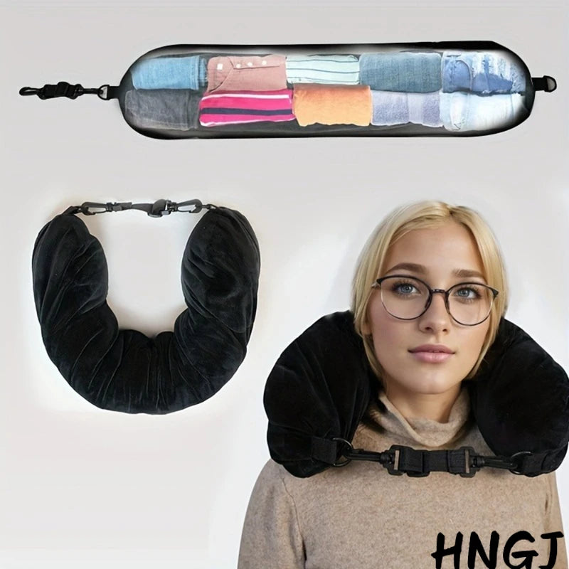 2026 NEW Fashion Travel Pillow With Storage Pouch, Adjustable Polyester Neck Support, Comfortable & Lightweight