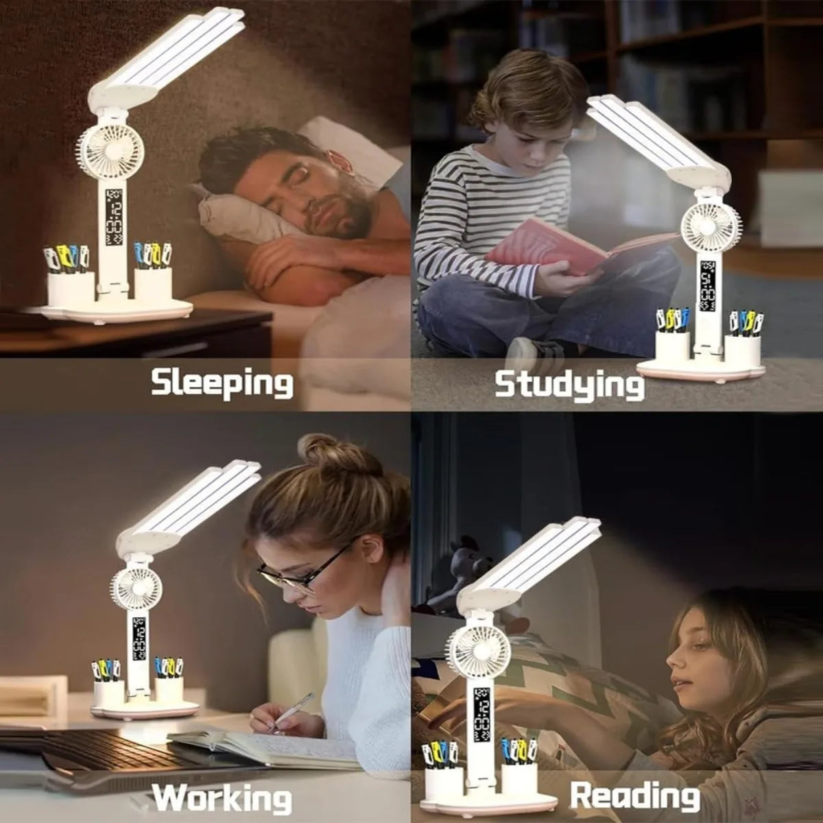 3 Color LED Table Lamp with Fan And Clock Four Headed Folding USB Charging Multifunction Desk Lamp for Reading Night Light