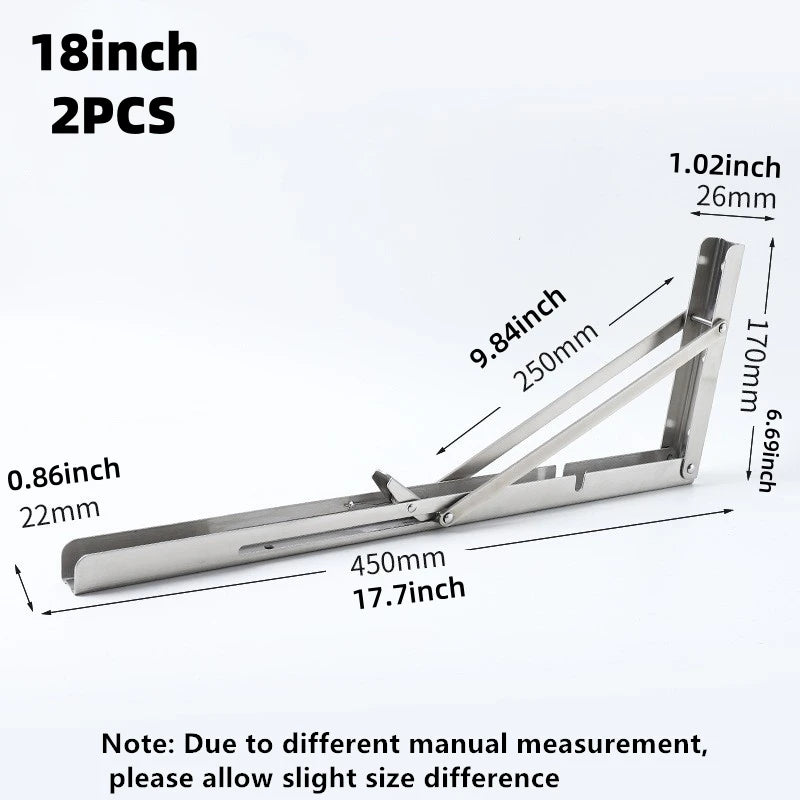 2Pcs Triangle Folding Angle Shelf Bracket Heavy Duty Stainless Steel Collapsible Shelf Bracket for Table Work Bench Wall Mounted