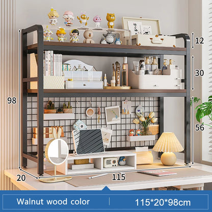 Bookshelf Bookcase With Grid Desktop Multi-layer Wrought Iron Shelf Student Computer Desk Table Hole Board Table Wooden Shelves