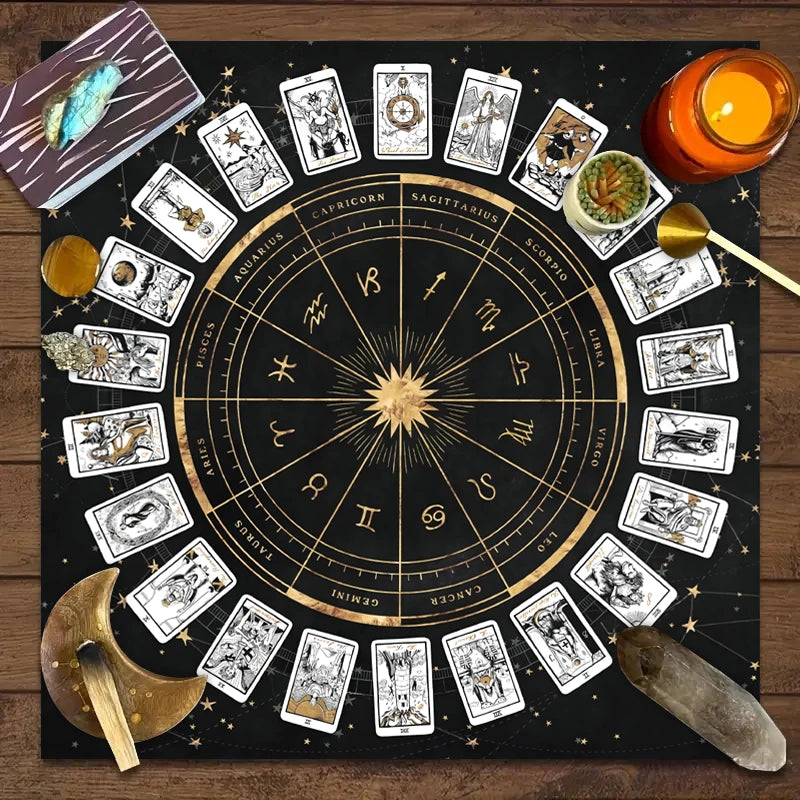 1pc Tarot Card Tablecloth, 12 Zodiac Card Game, Fortune Telling Card Mat, Board Game Cloth Mat, Board Game Decoration Tablecloth