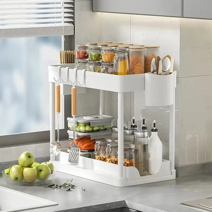 2-Tier Sliding Under Sink Organizer - Cabinet Basket Storage Rack with Hooks and Hanging Cup for Kitchen and Bathroom