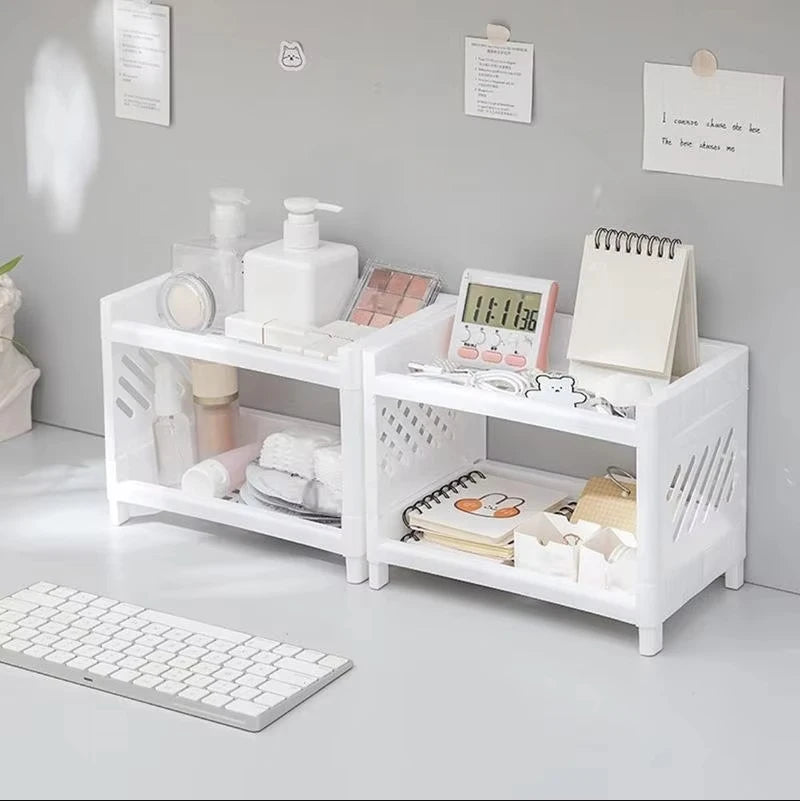 1PC PP Desktop Double Layer Storage Rack Rectangular White Organizing Student Desk Office Cosmetics Stationery