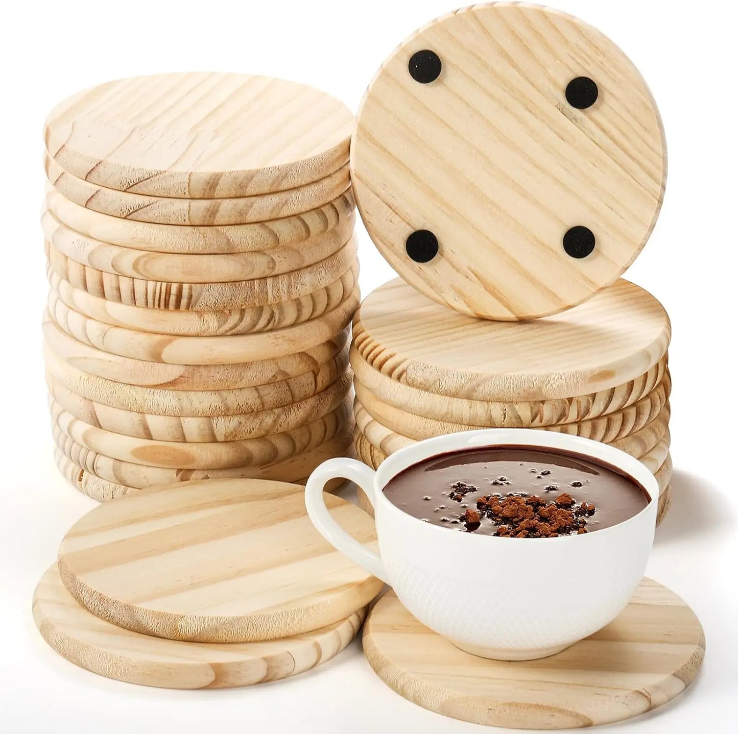 Wood Coasters Round Blank Wooden Coasters for Crafts with Non-Slip Silicon Dots for Home Decoration Mother Day Gift