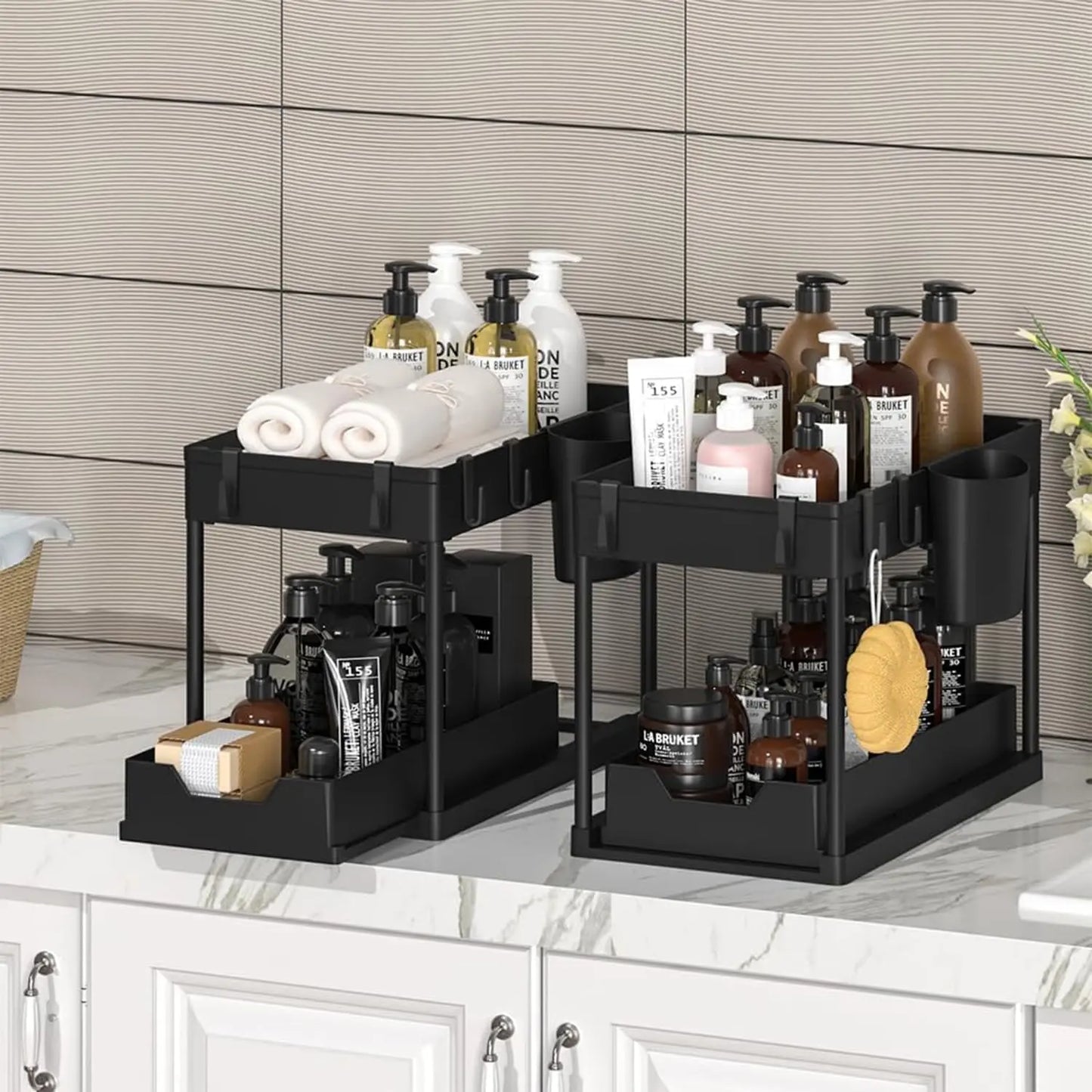 Under Sink Organizers 2 Tier Under Bathroom Cabinet Holder with Hooks & Hanging Cup, Multi-Purpose Storage Shelf for  Kitchen