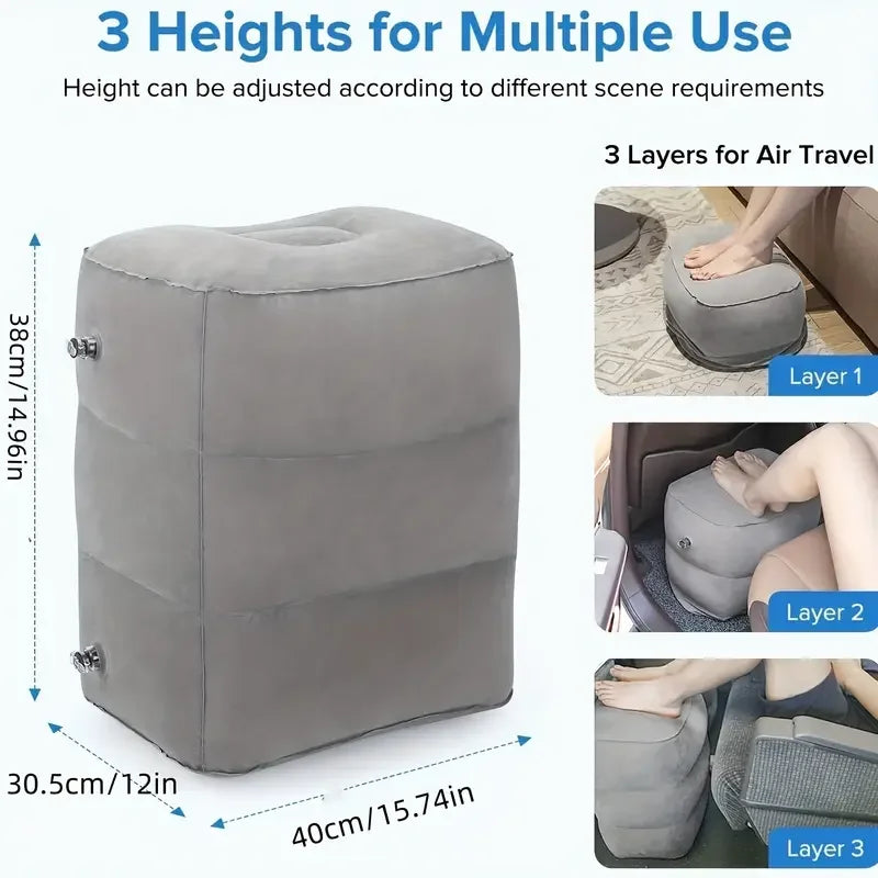 Inflatable Travel Foot Rest Pillow,Adjustable 3-Layer Height, Portable Airplane Bed,Soft Leg Rest with Ergonomic Design