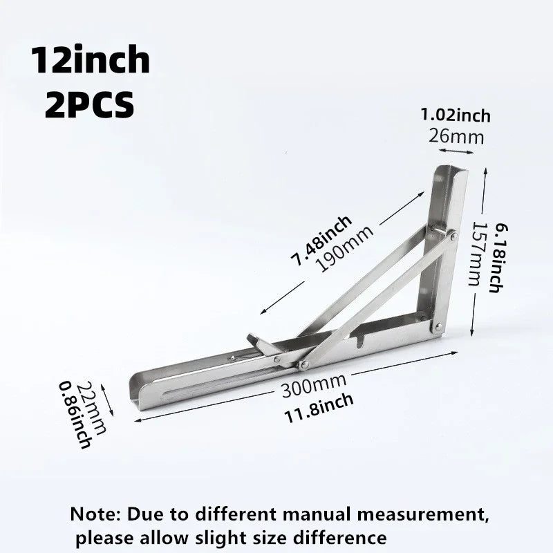 2PCS Heavy Duty Triangle Folding Angle Shelf Bracket Stainless Steel Collapsible Shelf Bracket for Table Work Bench Wall Mounted