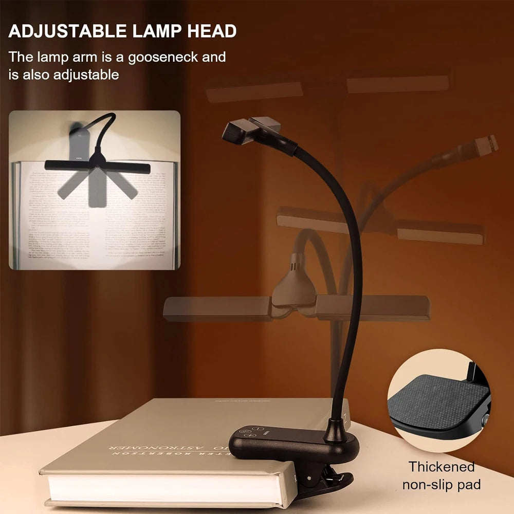 Dual Heads 14 LED Touch Control Reading Light with 3 Colors&8 Brightness USB Rechargeable Eye Care Book Light Clip on Book/Desk